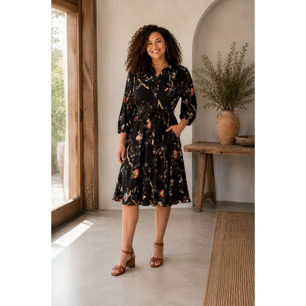 Nanette Lepore Botanical Floral Midi Shirt Dress Tie Waist Black Size 14